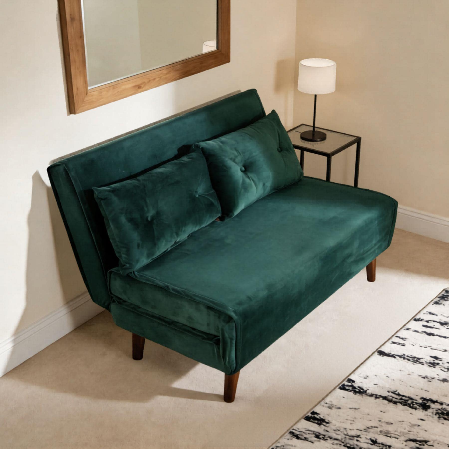 Double Sofa Bed Folding Chair Velvet Green Wooden Legs Two Pillow Home Furniture