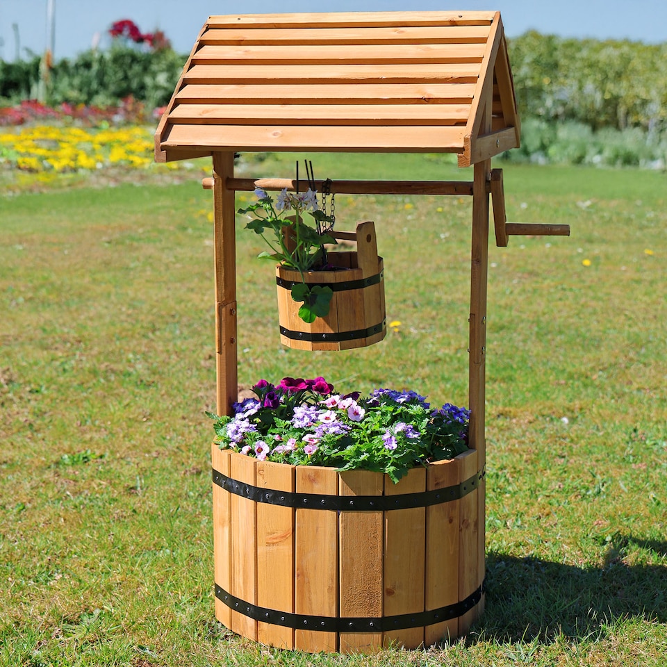 image 1 of Wooden Wishing Well Garden Planter Plant Box Flowerpot Ornament Patio Display
