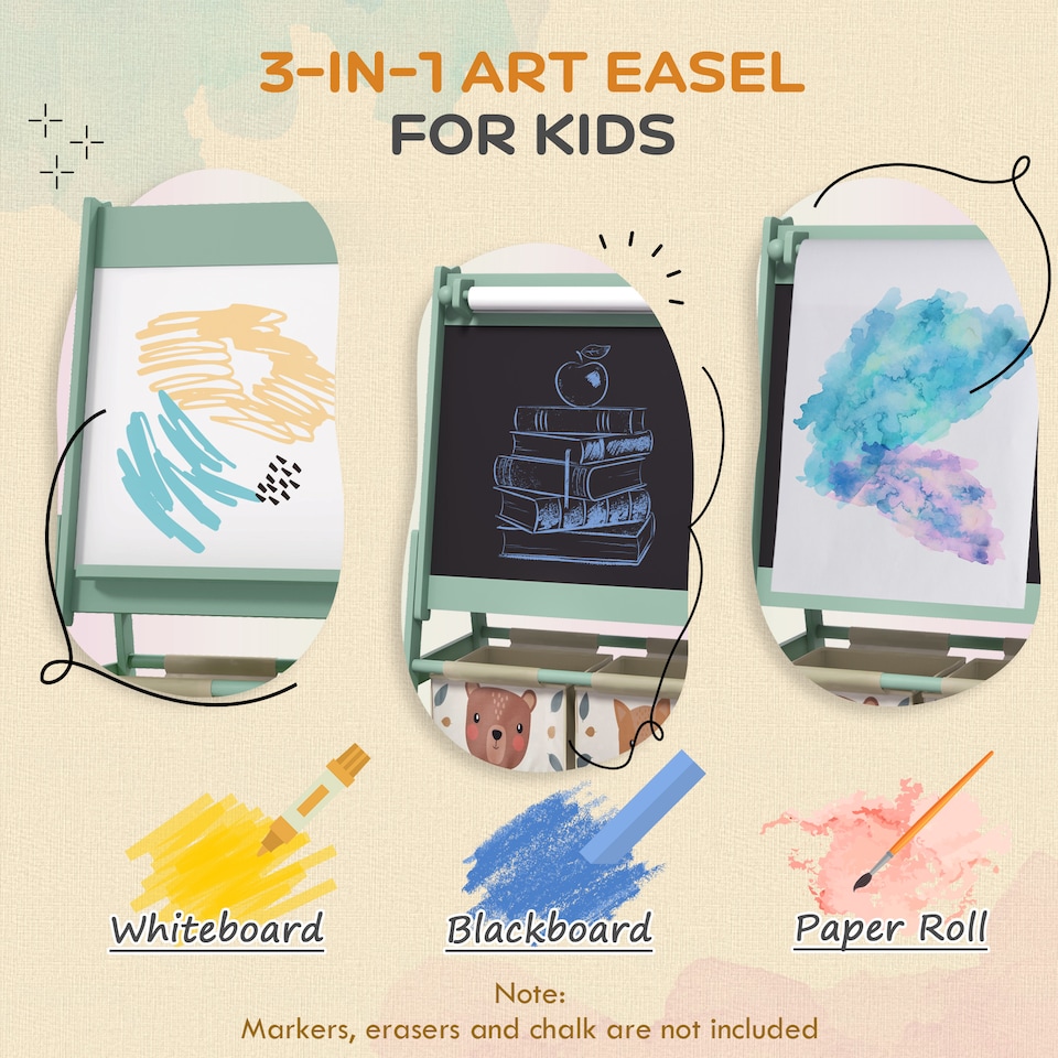 image 1 of AIYAPLAY Kids Easel with Paper Roll, Blackboard, Whiteboard, Storage, Green