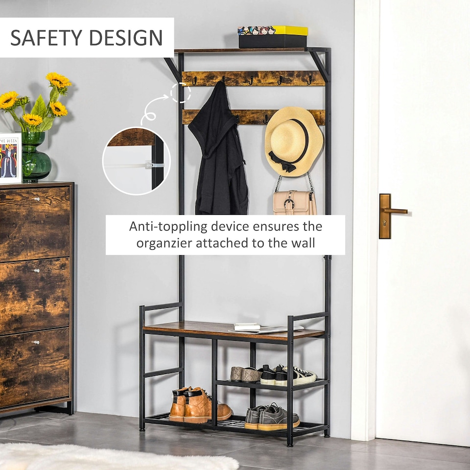 image 1 of HOMCOM Coat Rack Stand Shoe Storage Bench for Bedroom Living Room Entryway