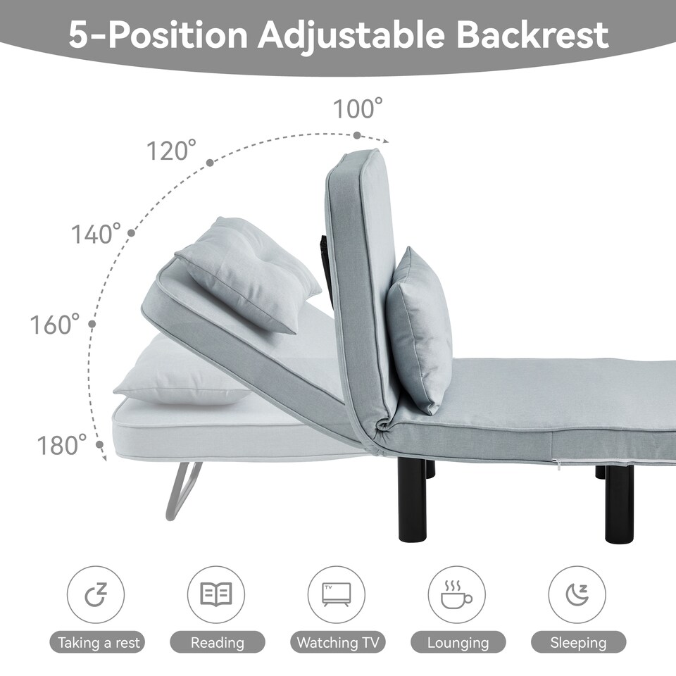 image 1 of 4 in 1 Folding Single Sofa Bed Convertible Lounge Sleeper Chair with Adjustable Backrest and Large Cushion Light Grey