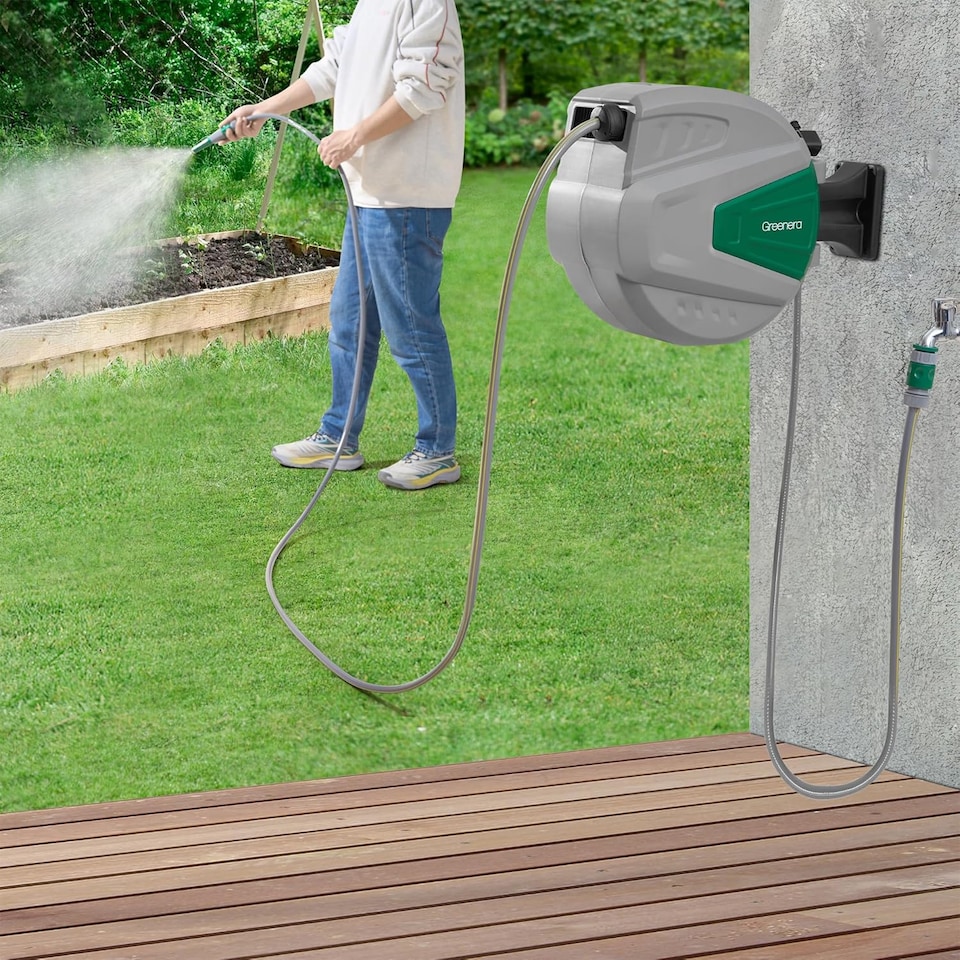 image 1 of Wall Mounted Garden Hose Reel Retractable Pipe Auto Rewind System 180 Degrees Swivel 20m