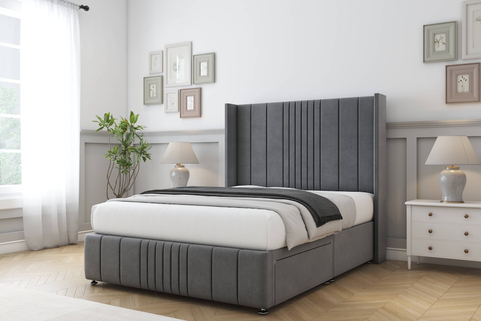 image 1 of Sloomy Hargrave Armour Coniston Divan Bed With Mattress 2 Drawers Footend With 54" Wingback Headboard & 12" Matching Footboard 4' Small Double | Grey | Armour | Small Double | 1
