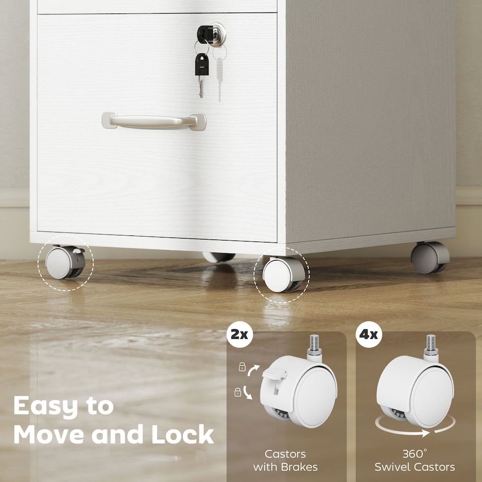 image 1 of HOMCOM Mobile Filing Cabinet with 3 Drawers and Wheels, Lockable Rolling Under Desk Drawers for A4 and Letter Sized Hanging File Holders, Printer Stand for Home Office, White | White | White