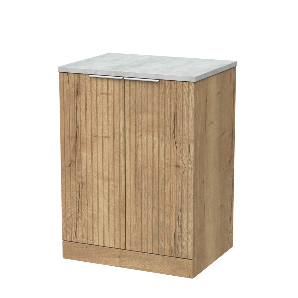 image 1 of Balterley Callingwood Contemporary Floor Standing 2 Door Vanity Unit with Bellato Grey Laminate Worktop , 600mm, Autumn Oak