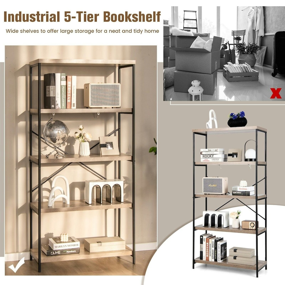 image 1 of COSTWAY 5-Tier Bookshelf Wood Bookcase Display Rack Grey Grey