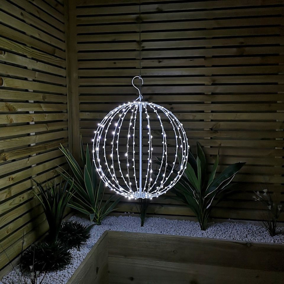 image 1 of 40cm Light up White Metal Frame Hanging Christmas Ball with 240 Cool White LEDs