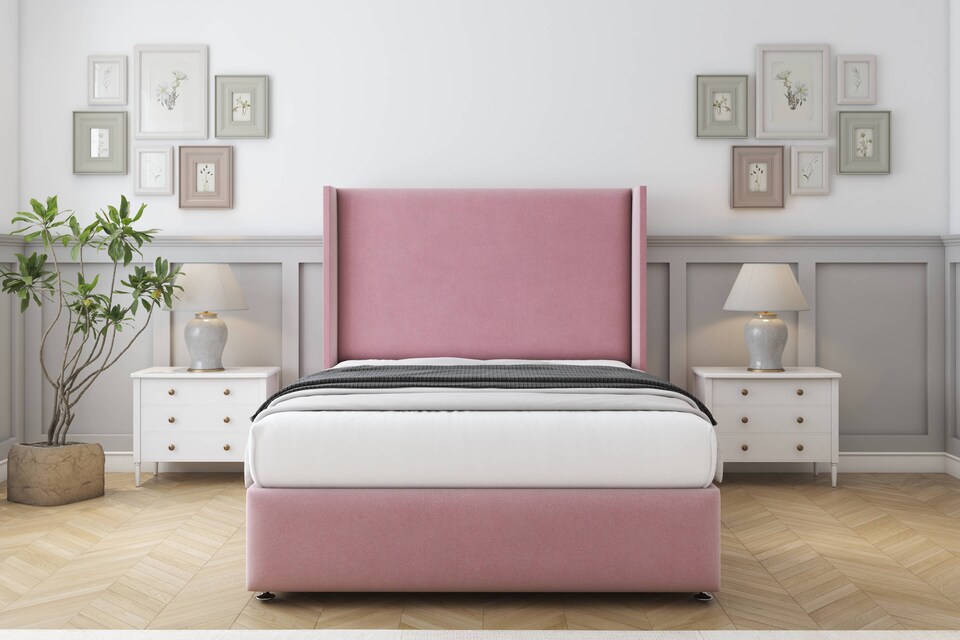 image 1 of Sloomy Stratford Pink Plush Divan Bed Base 2 Drawers Foot-End With 54 Inch Wingback Headboard & 12 Inch Matching Footboard | Pink | Pink | Super King | 1