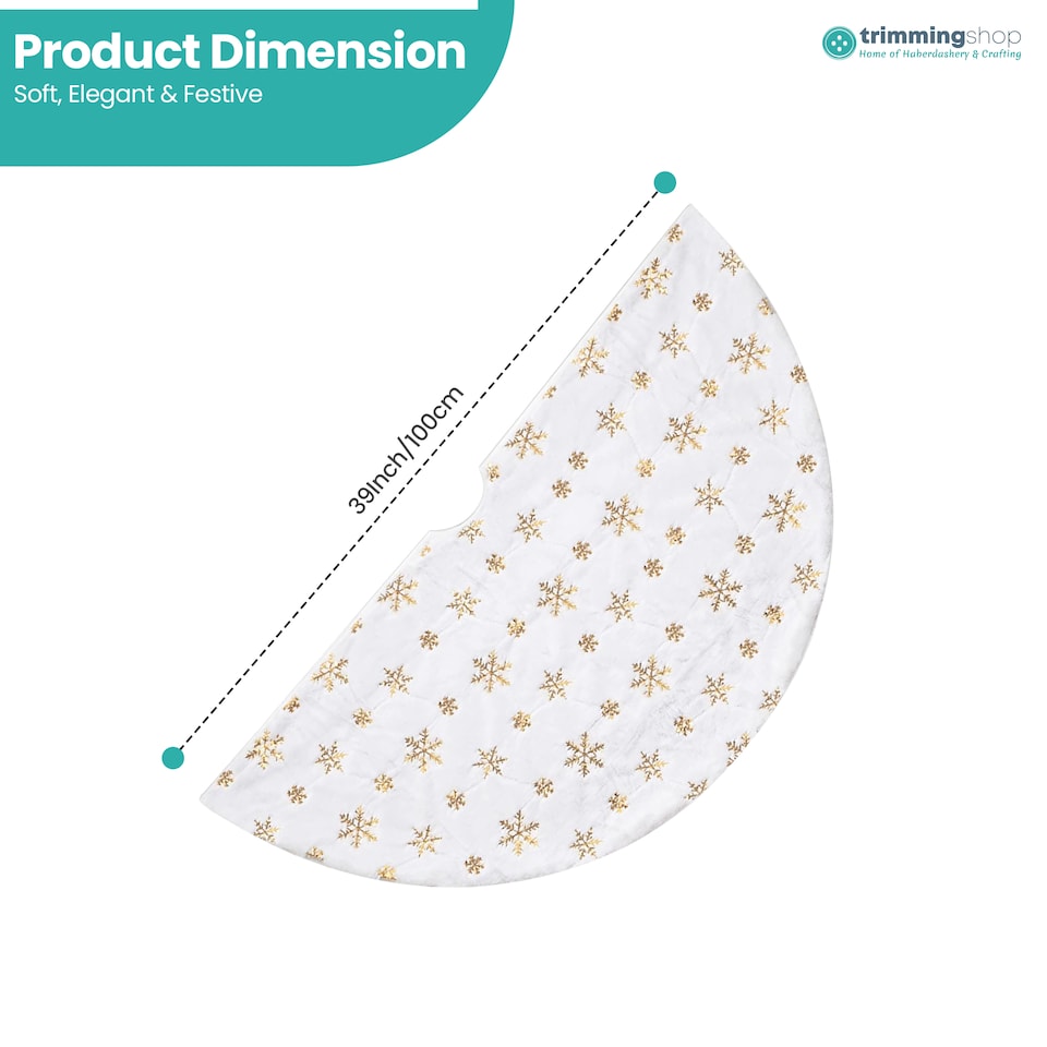 image 1 of 100cm White Christmas Tree Skirt with Snowflake Design, Gold Embroidered