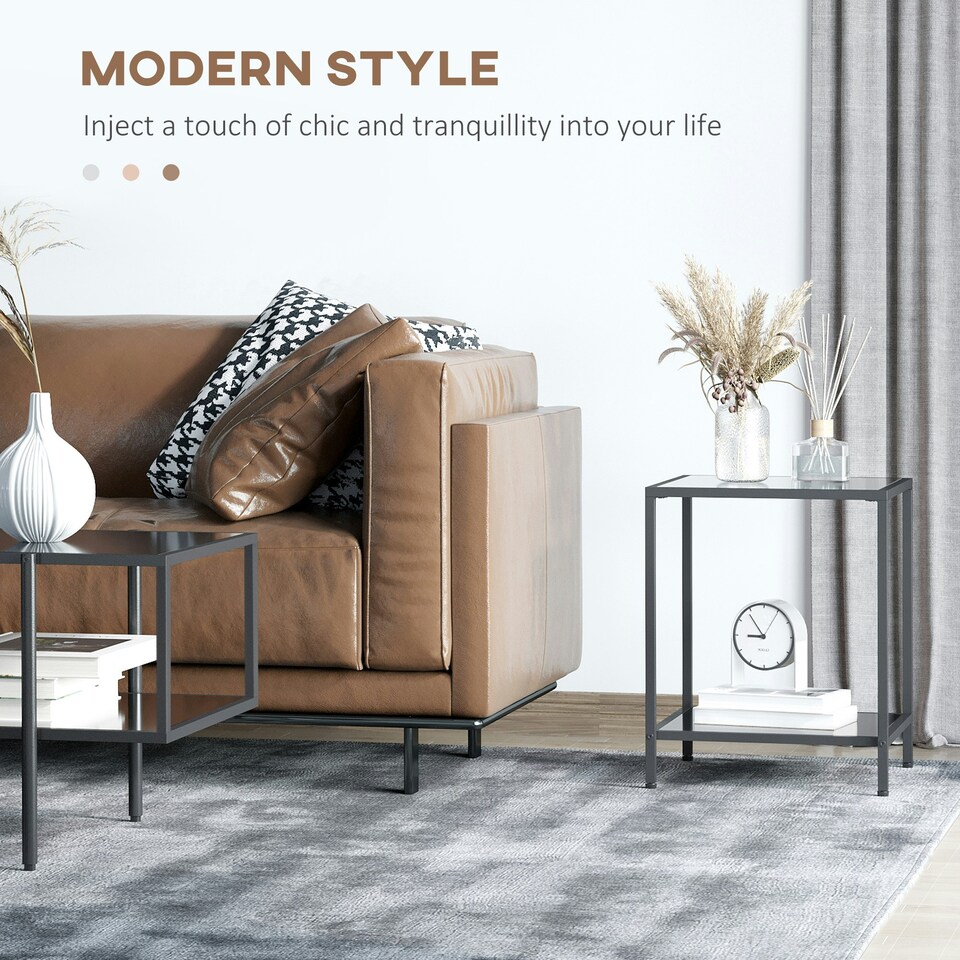 image 1 of HOMCOM Side Table with Tempered Glass Top, End Table with 2-Tier Storage, Black Black