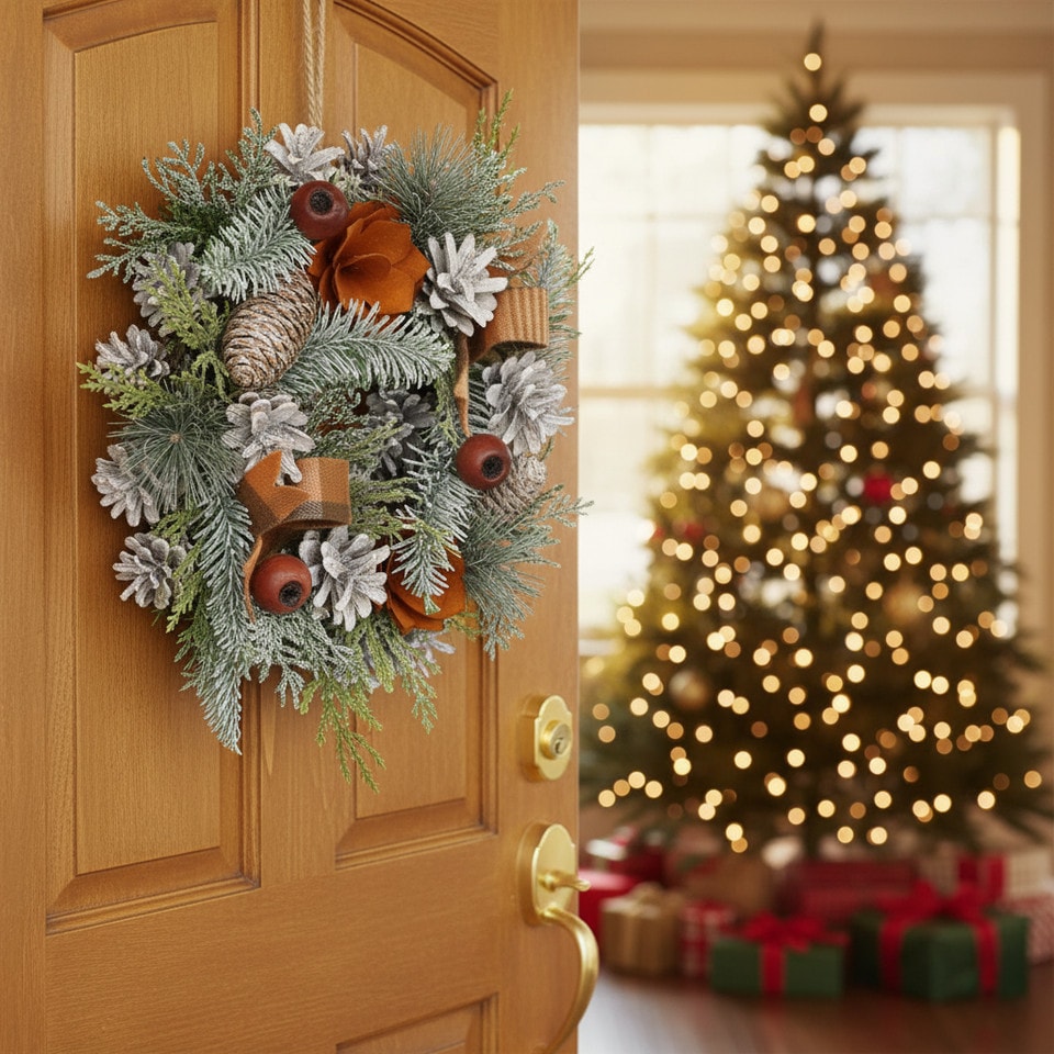 image 1 of Christmas Wreath Festive Decoration with Jute Hanger Traditional Pinecone Decor | Multi | Orange & White | 25cm | 1
