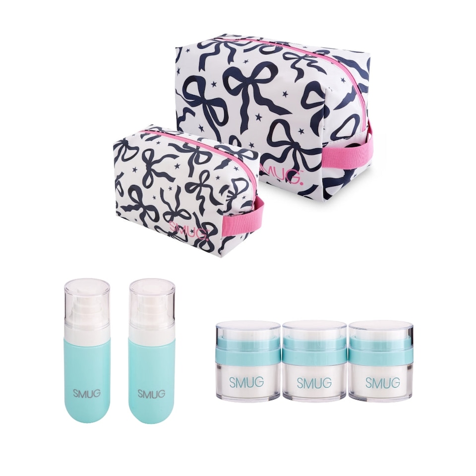 image 1 of SMUG Wash Bag, Toiletry Bag, Pump Jars & Spray Bottles Set - Bows Print