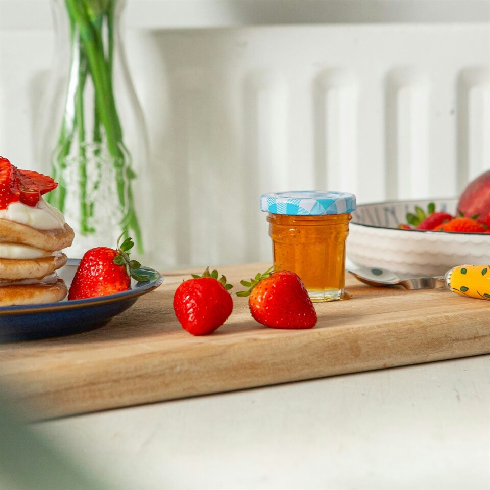 image 1 of Argon Tableware Glass Jam Jars with Blue Gingham Lids - 30ml - Pack of 6