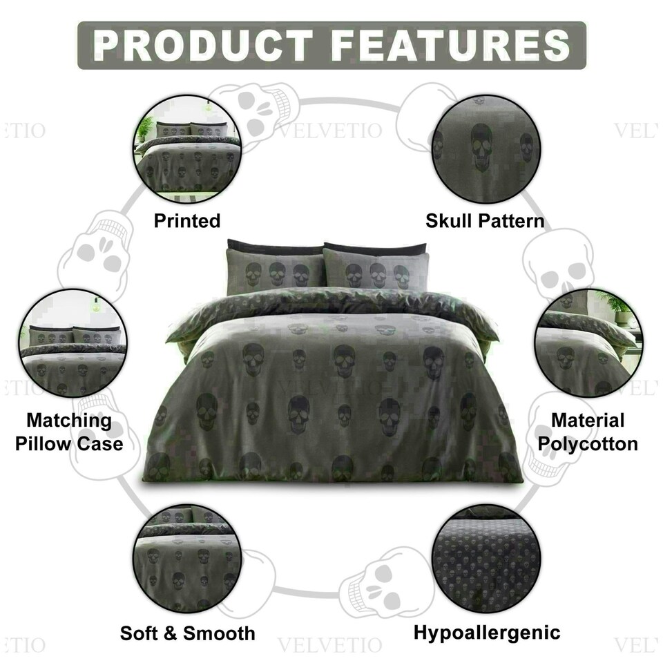 image 1 of Skull Charcoal Printed Duvet Cover Set Reversible Polycotton Beddings Grey | Double
