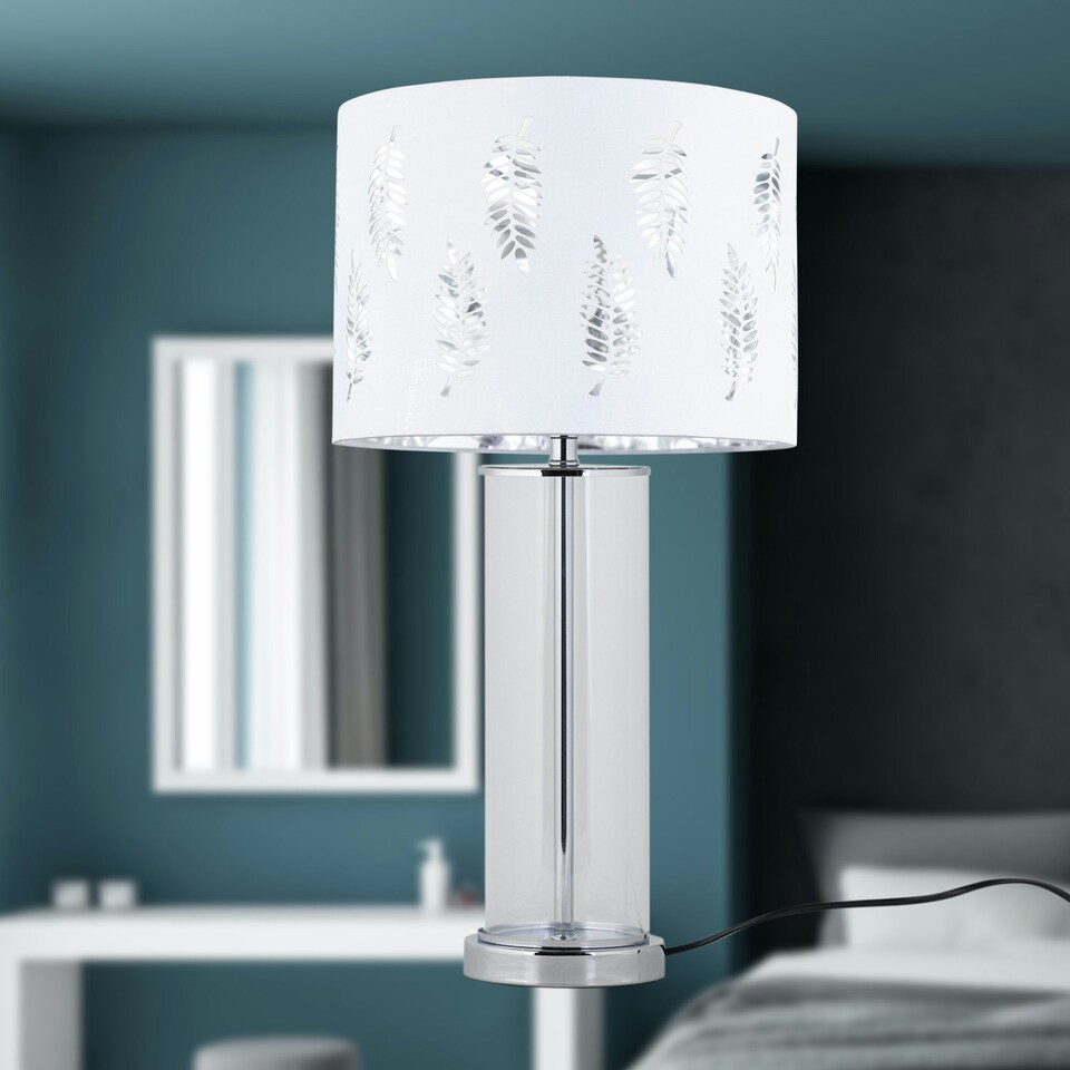 image 1 of Aura - Chrome Table Lamp with White Fern Cut Out Silver Inner Shade Chrome | White