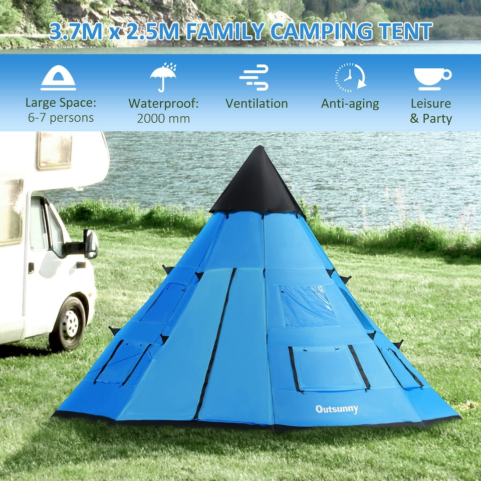 image 1 of Outsunny 6-7 Person Large Family Party Camping Tent W/ Carrying Bag, Blue