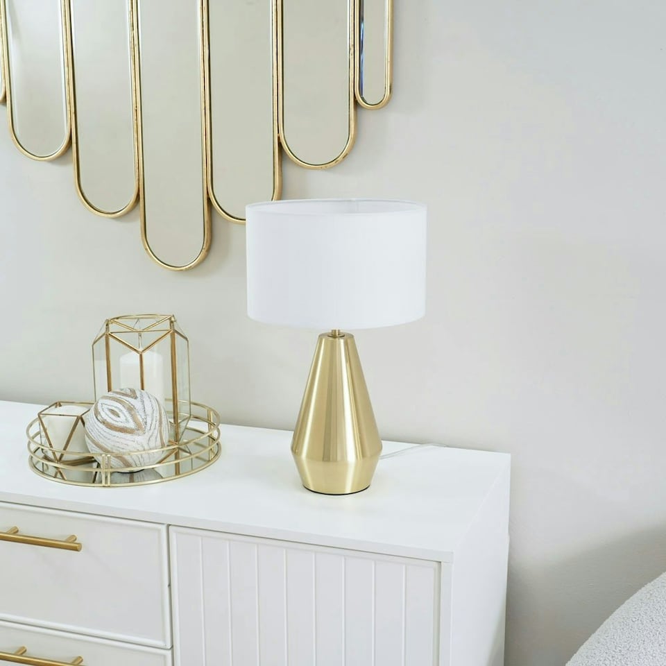 image 1 of ValueLights Jax Gold Metal Touch Dimmer Table Lamp with White Drum Shade