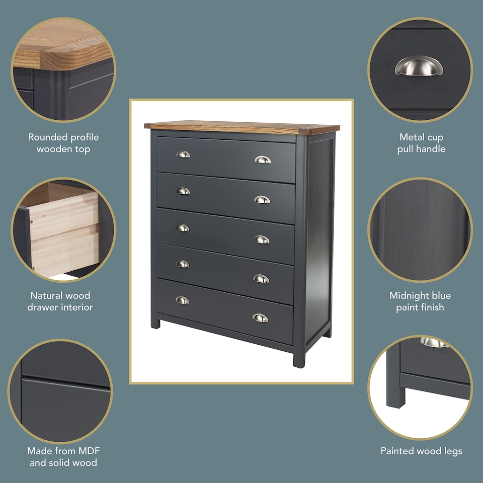 image 1 of Dunkeld 5 Drawer Chest - Midnight Blue Painted Wood Bedroom Storage with Antique Oak Effect Top and Silver Handles | Blue | Blue | 1