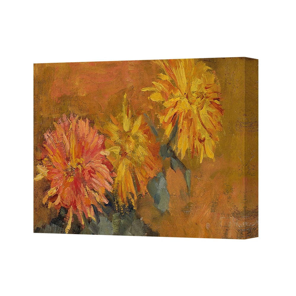 Abstract Floral Canvas Wall Art Yellow and Pink Dahlias on Brown Background