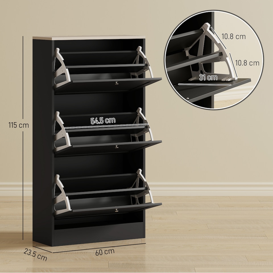 image 1 of HOMCOM Narrow Shoe Cabinet w/ 3 Flip Drawers for 12-18 Pairs of Shoes Black