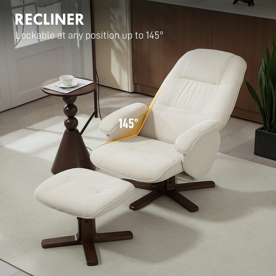 image 1 of HOMCOM Swivel Recliner Chair with Footstool and Wooden Base, Beige Cream