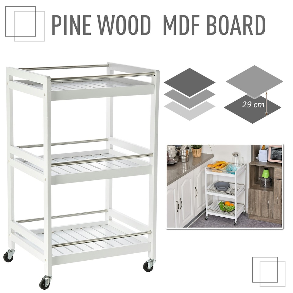 image 1 of HOMCOM 3-Tier Home Trolley Kitchen Storage w/ Steel Bars 4 Wheels Rolling White