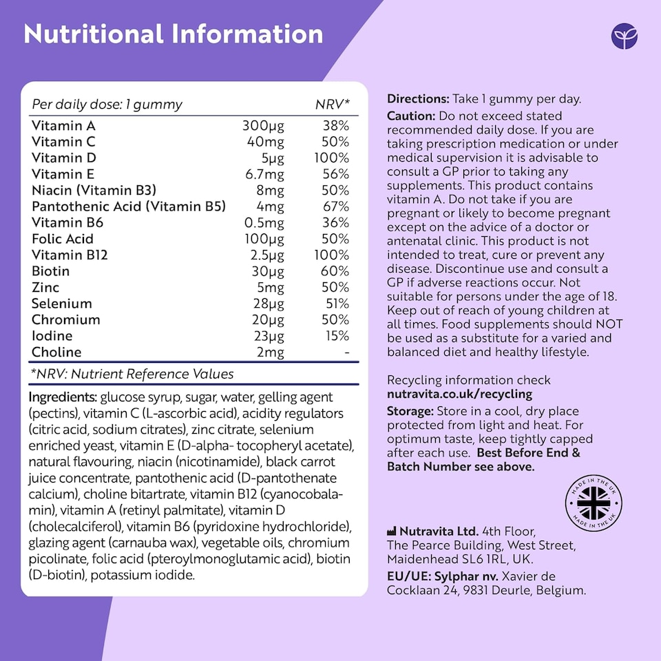 image 1 of Nutravita Vegan Multivitamin Gummies with 14 Vitamins & Minerals incl. Vitamin C D3 B12 Biotin Zinc - 60 Berry Flavour Chewable Adult Multivitamins