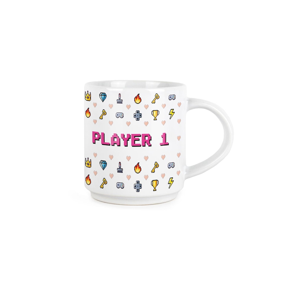 image 1 of Retro Player 1 & Player 2 Stacking Mug Set - Arcade Gaming Drinkware Gift | White
