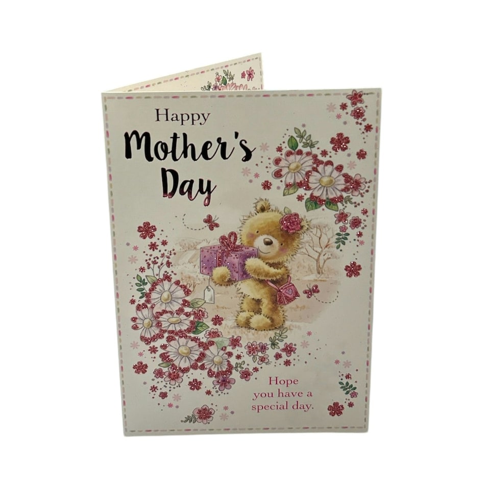 image 1 of Teddy Wearing Flower and Holding Gift Mother's Day Card