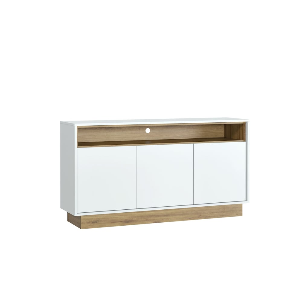 image 1 of White and Oak Sideboard 155cm – Modern Cabinet with Open Shelf | White