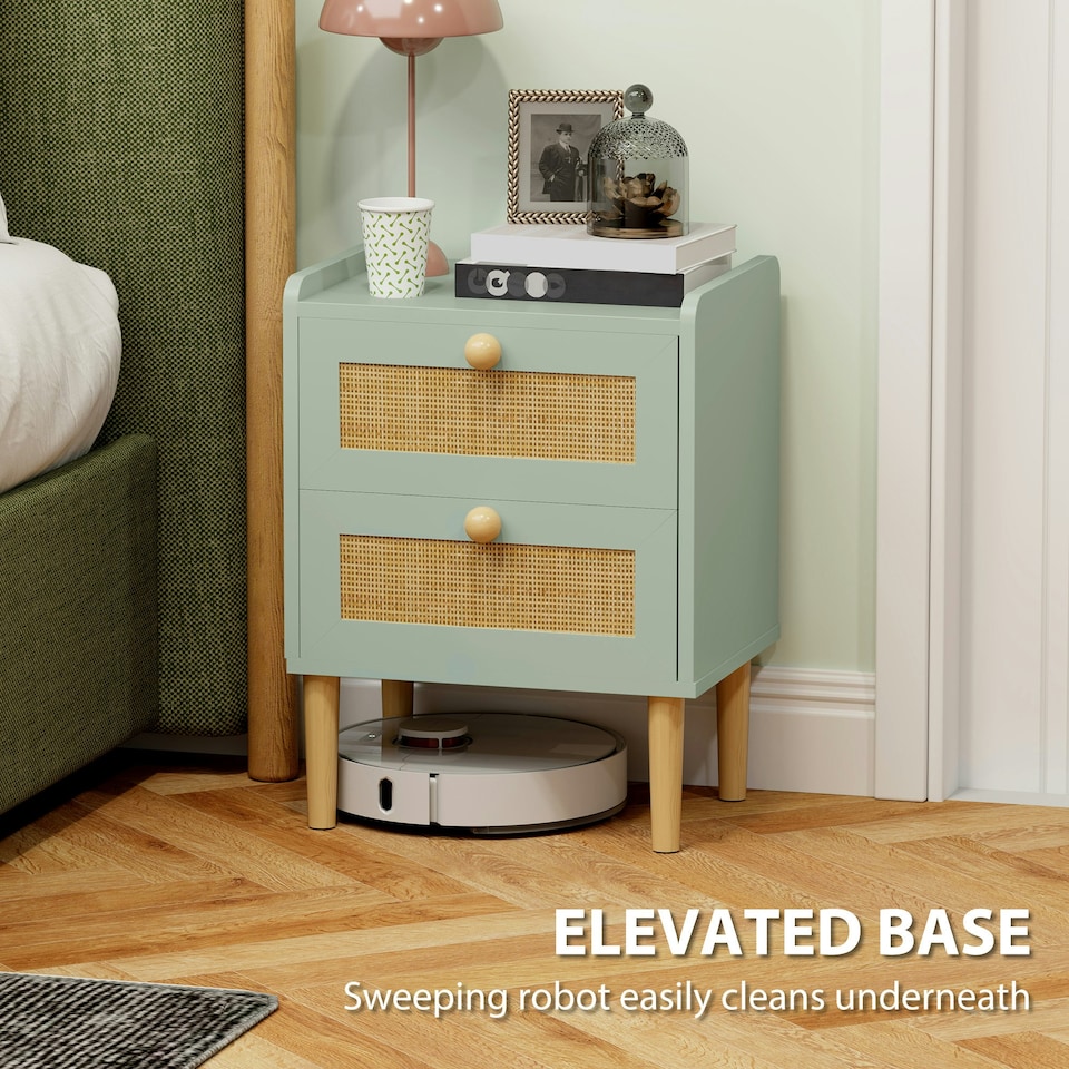 image 1 of HOMCOM Boho Rattan Bedroom Chest of Drawers, 2 Drawer Dresser, Olive Green