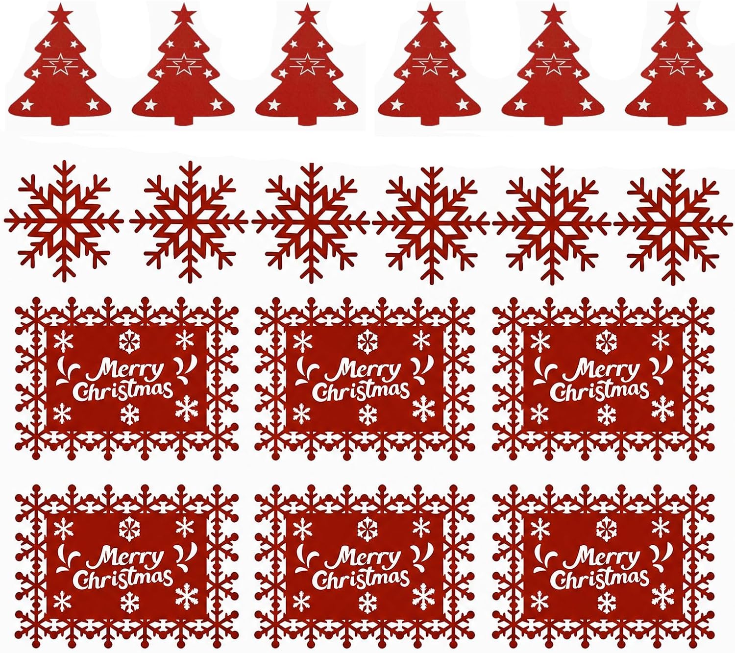 Christmas Table Set, 18 Pack Felt Placemats Coasters & Cutlery Holders, Festive Xmas Dining Decorations with Tree & Snowflake, Red