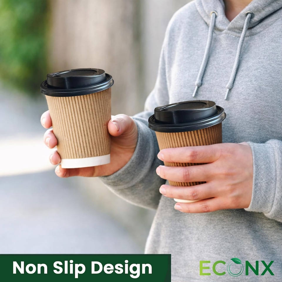 image 1 of ECONX 12oz Disposable Coffee Cups With Black Lid Ripple Insulated Paper Cups 50pc