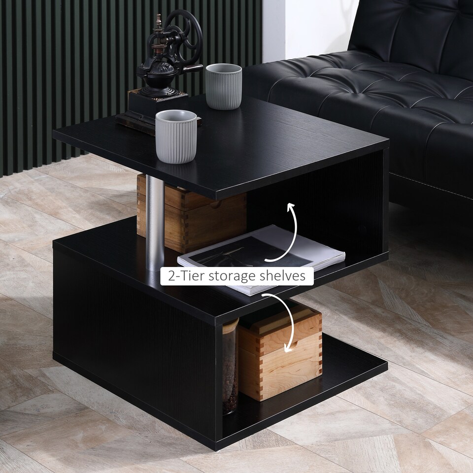 image 1 of HOMCOM Wooden S Shape Cube Coffee Table 2 Tier Storage Shelves Organizer Office Bookcase Living Room End Desk Stand Display Black | Black