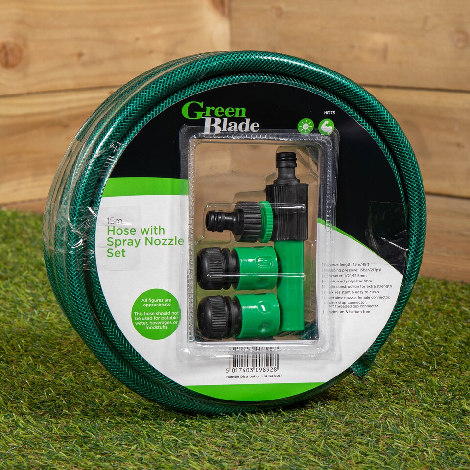 image 1 of 15m Reinforced Garden Hose Pipe / Hosepipe with Spray Nozzle Set in Green | Green | Green