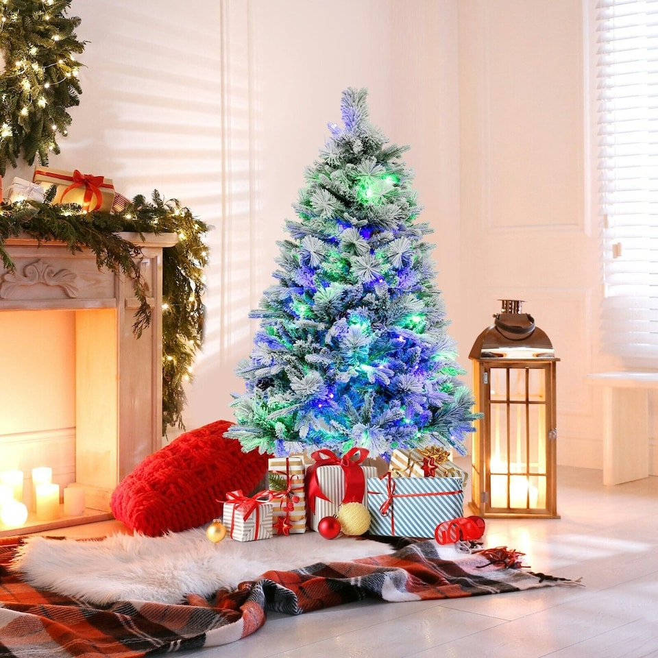 image 1 of COSTWAY 4.5 FT Pre-Lit Artificial Christmas Tree Snow-flocked | Green | One Size