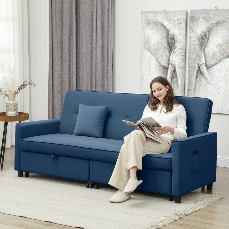 image 1 of HOMCOM Reversible L-Shaped Sectional Sofa Bed with Cushions, Blue Blue