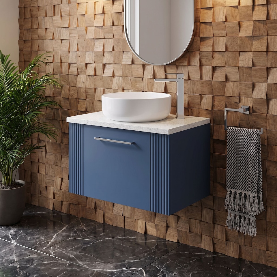 image 1 of Balterley Partial Fluted 1 Drawer Wall Hung Vanity Unit with Sparkling Laminate Worktop | Blue | Satin Blue