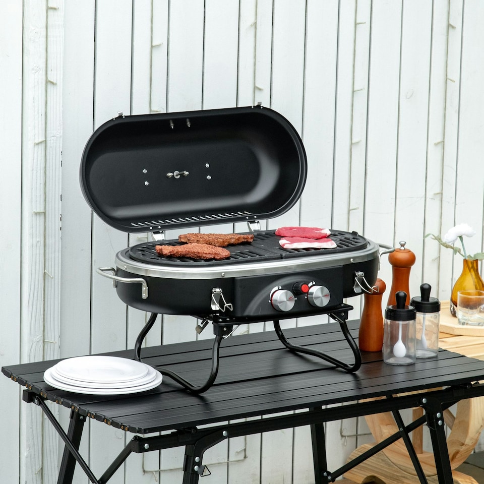 image 1 of Outsunny Foldable 2 Burner Gas BBQ Grill w/ 2 Burners for Camping Picnic Cooking