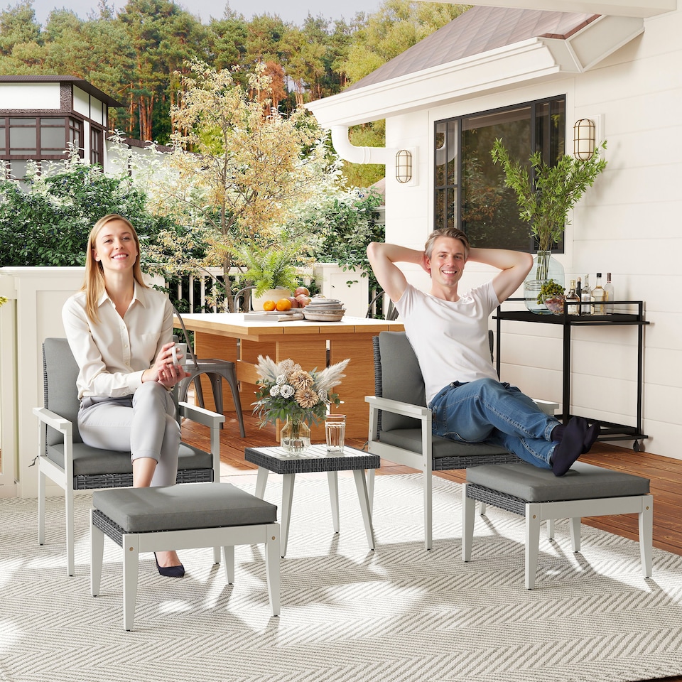 image 1 of Outsunny 5-Pieces Rattan Patio set with Acacia Wood Top Coffee Table | Grey | Grey | 1
