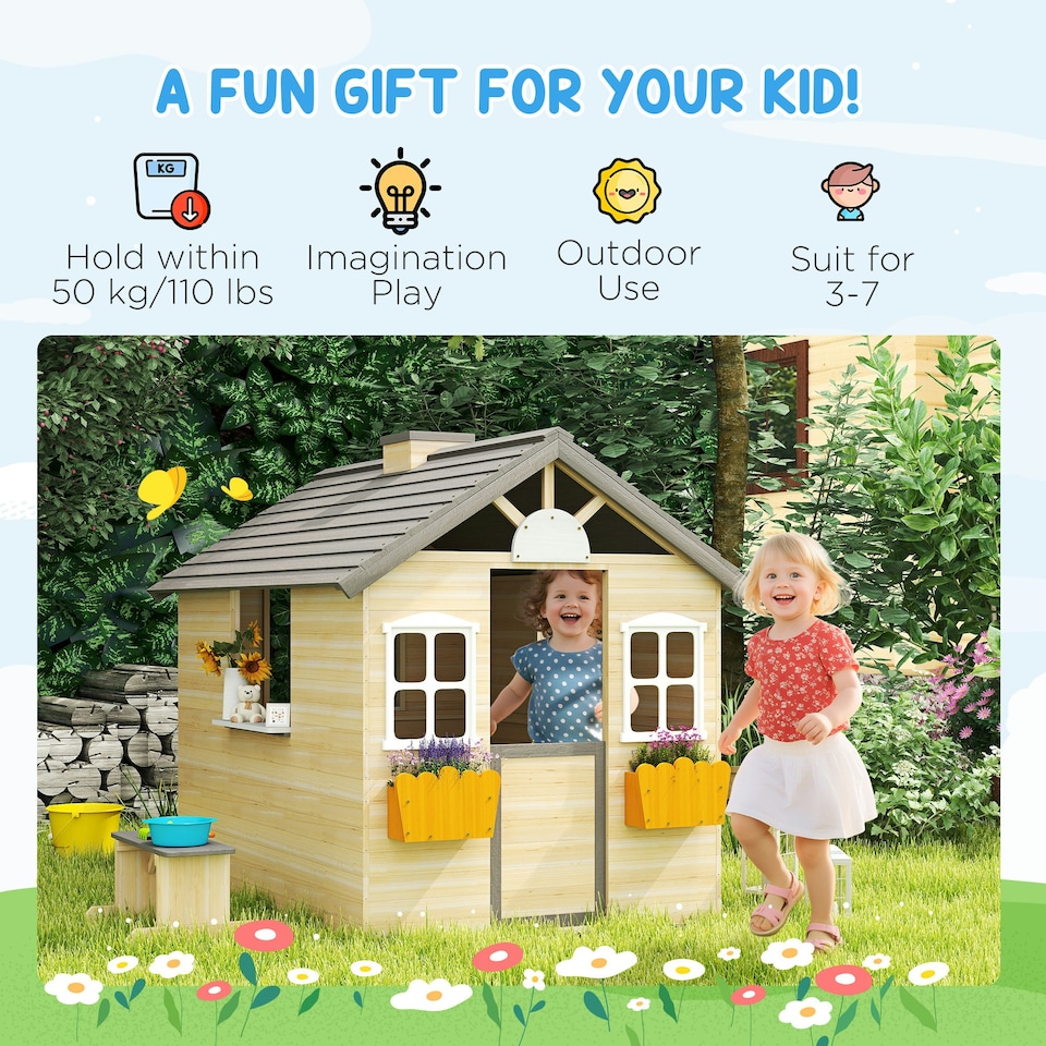 image 1 of Outsunny Wooden Kids Playhouse w/ Door, Windows, Bench, For Ages 3-7 Years