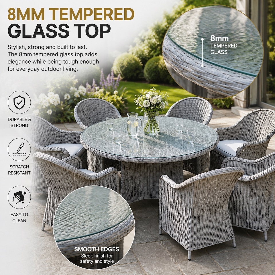 image 1 of Sorrento 6-Seater Rattan Dining Set, Round Garden Table with Chairs, Outdoor Patio Furniture Set