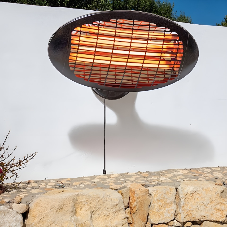 image 1 of Primrose IPX4 Wall Mounted Quartz Bulb Electric Patio Heater with 3 Settings in Black 2kW