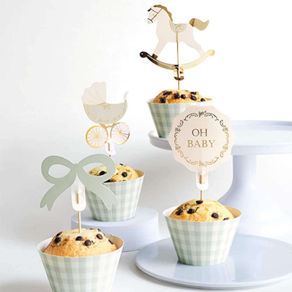 image 1 of Oh Baby Sage Green Cupcake Toppers & Wraps - Pack of 6