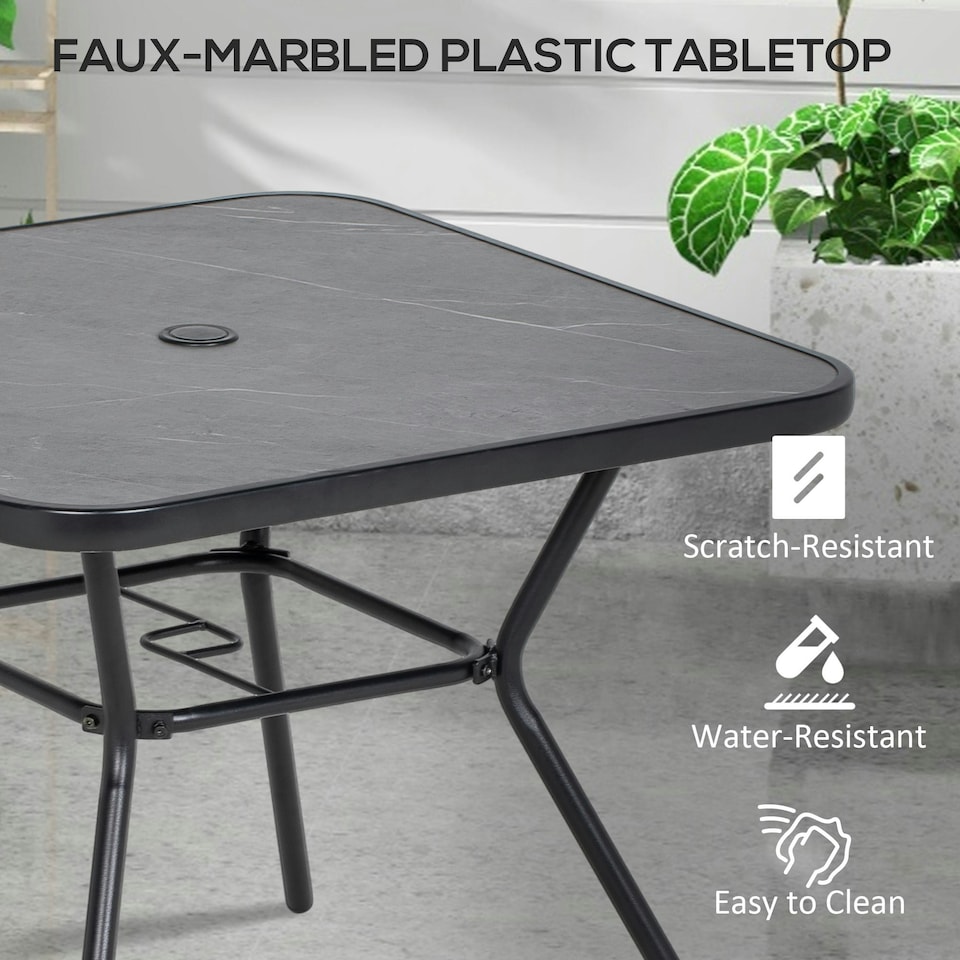 image 1 of Outsunny Faux-marbled Patio Table with Umbrella Hole Steel Frame for Balcony