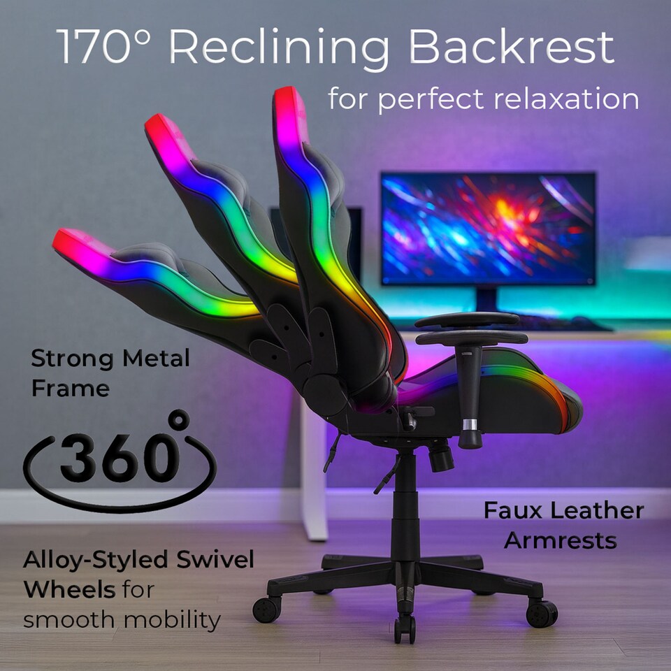 image 1 of Neo Black Leather Gaming Chair with LED Lights