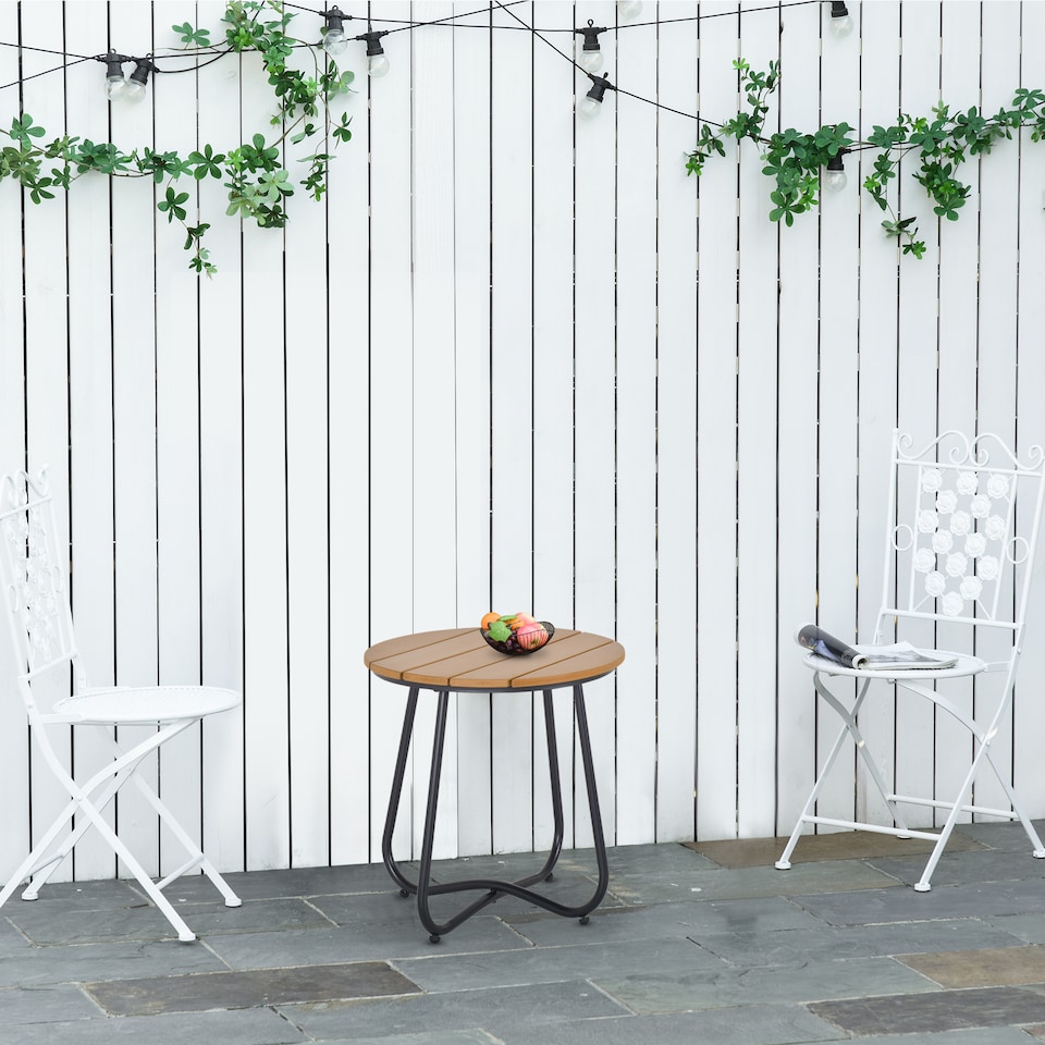 image 1 of Outsunny Round Outdoor Side Table Adjustable Leg Pads Natural Wood & Black | Brown | Natural wood and black | 49 x 49 x 48 cm