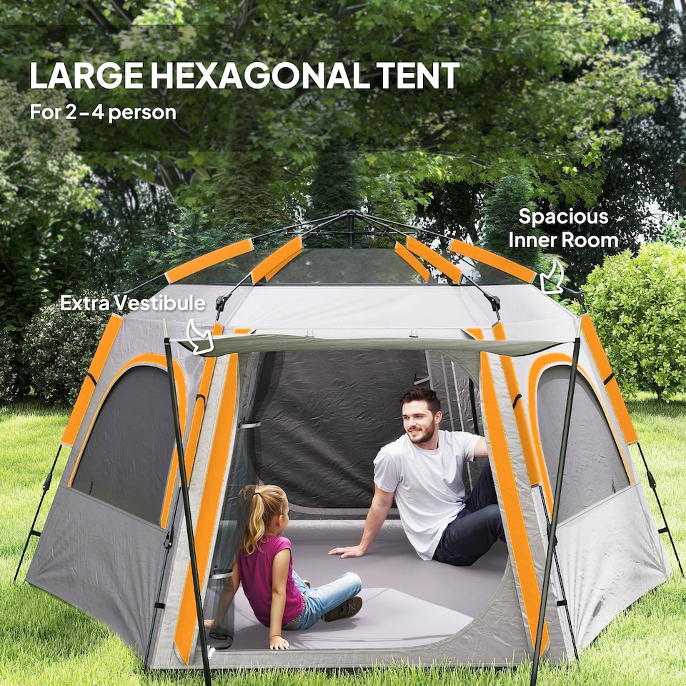 image 1 of Outsunny Instant Camping Tent, 4 Person Easy Setup Dome Tent | Grey | Light Grey | 2.8L x 2.4W x 1.55H m