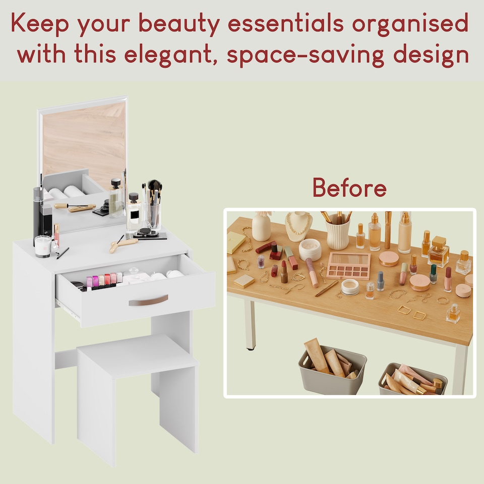 image 1 of Vida Designs Isla Dressing Table 1 Drawer Mirror & Stool Set Vanity Makeup Desk, White