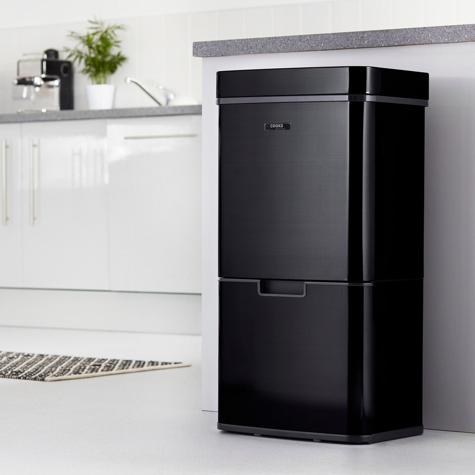 image 1 of Cooks Professional Recycling Sensor Bin 75L with Dual Compartments & Food Caddy | Black | Black